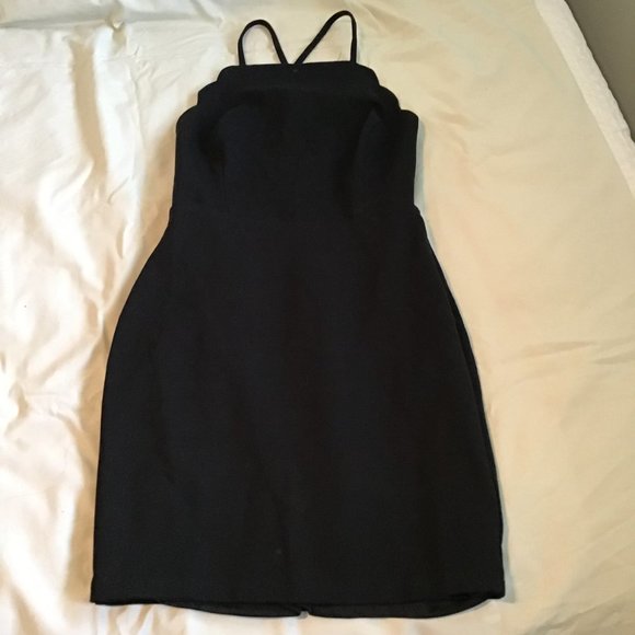 Lush Scalloped Edge Halter Little Black Dress With Criss Cross Back - Picture 4 of 11